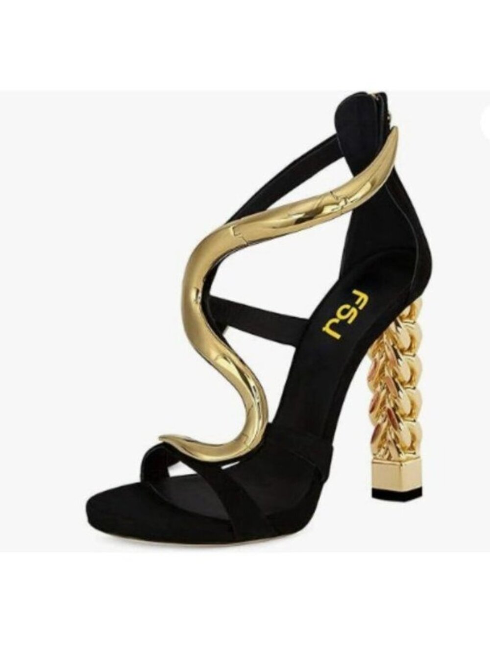 FSJ Women Flower Gold Metal Chunky High Heels Ankle Strap Sandals Open Toe Black